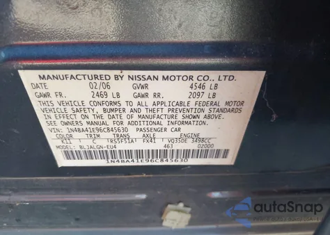 2006 Nissan Maxima 3.5 Sl z USA, uszkodzony, nr VIN 1N4BA41E96C845630